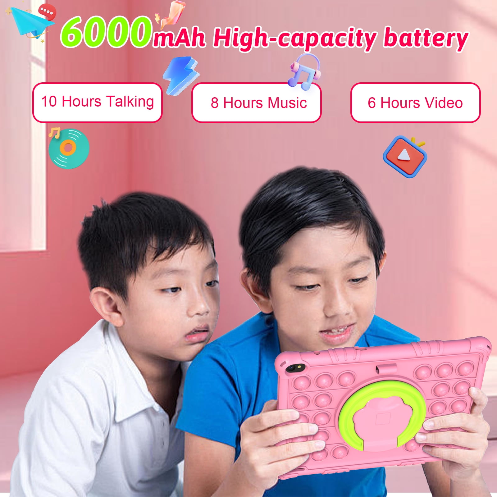 Android 15 Kids Tablet 10 inch Tablet for Kids, Toddler Tablets with Shockproof Case, 6GB RAM 32GB ROM 1TB Expand, Parental Controls, Kids Space, Child Learning, WiFi, 6000mAh, Dual Camera, Pink