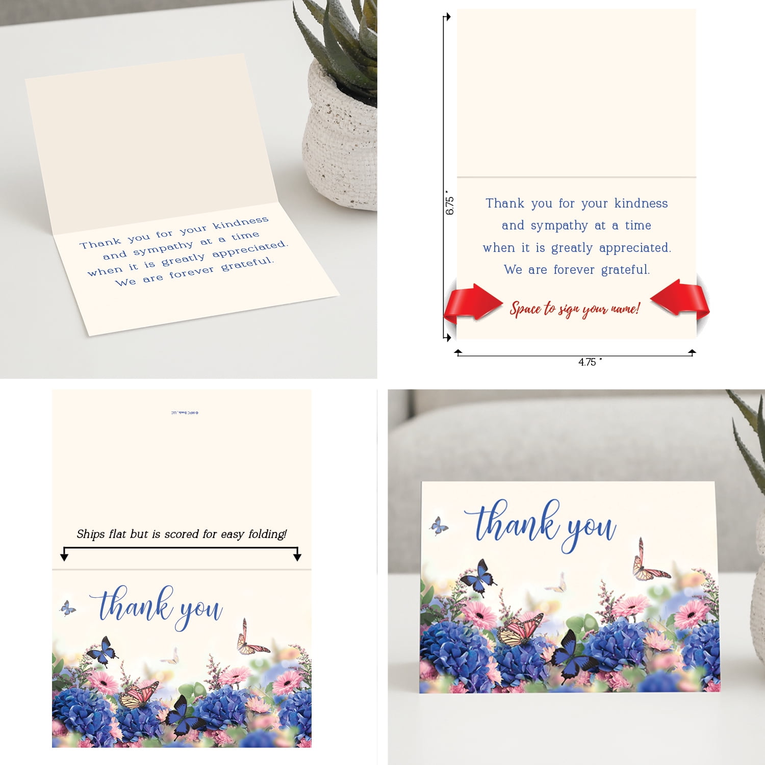 50 Funeral Sympathy Bereavement Thank You Cards With Envelopes - Message Inside VARIETY Floral