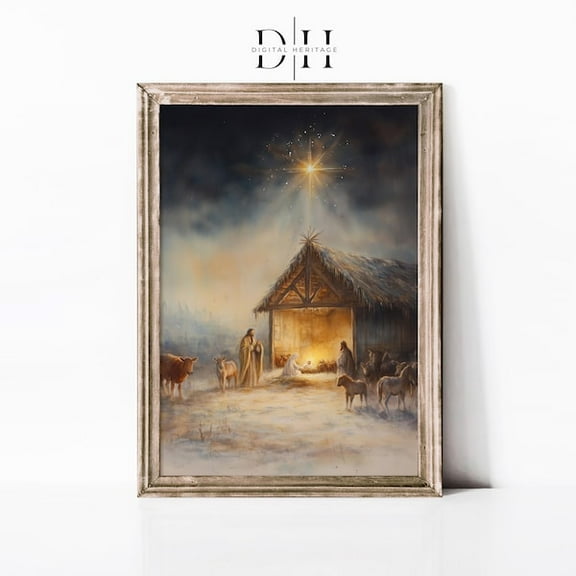 Vintage Nativity Scene Art Print: Holy Family, Star Of Bethlehem - Wall Art Print, 8x12 UNFRAMED