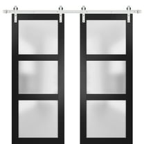 Sturdy Double Barn Door 72 x 80 inches with Frosted Glass | Lucia 2552 Matte Black | Stainless Steel 13FT Rail Hangers Heavy Set | Solid Panel Interior Doors