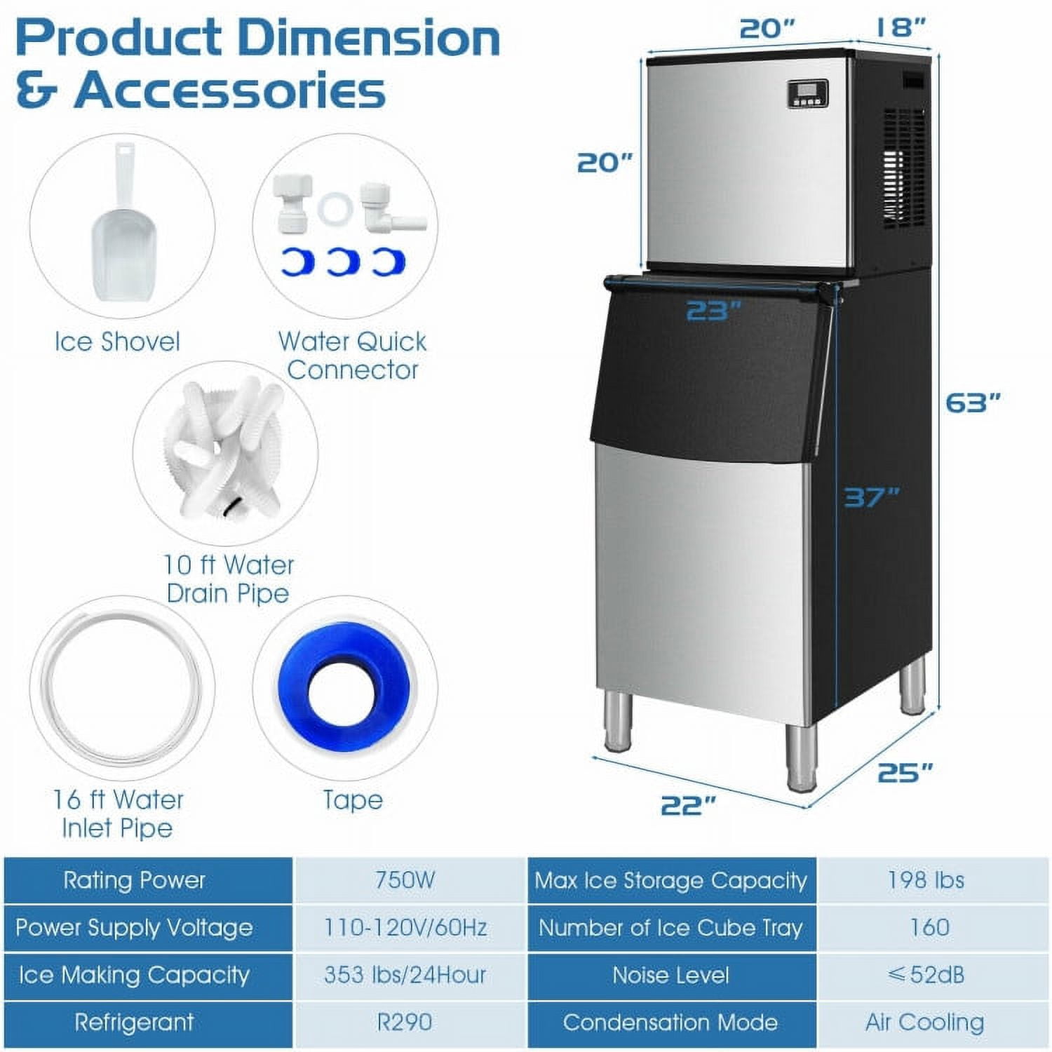 Spaco 353LBS/24H Split Commercial Ice Maker with 198 LBS Storage Bin, Commercial Ice Maker for Bar Cafe Restaurant Business