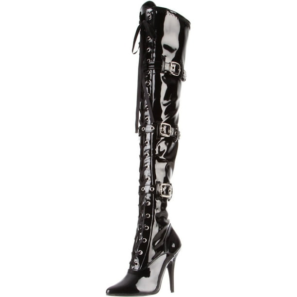 Pleaser - Womens Black Patent Boots 5 Inch Heels Lace Up Thigh Highs Pointed Toe Buckles