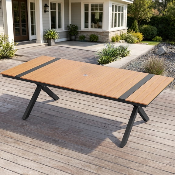 Crestlive Products 94" Outdoor Dining Table for 8-10, Aluminum Sturdy Frame with Umbrella Hole, Teak Wood-Grain Top