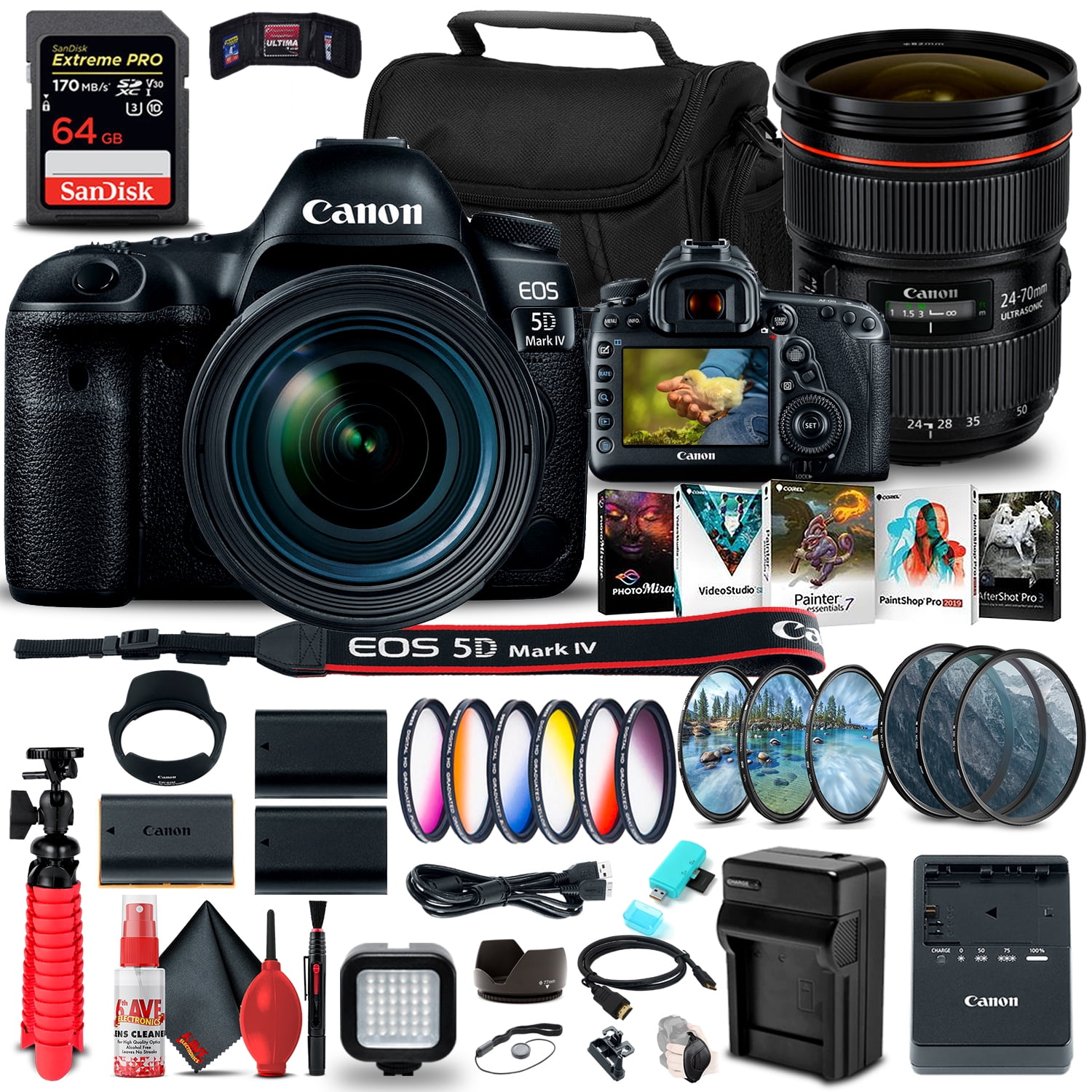Canon EOS 5D Mark IV DSLR Camera with 24-70mm F4L Lens 1483C018 Canon EF 24-70mm F2.8L II USM Lens 5175B002 64GB Memory Card Color Filter Kit Filter Kit 2 x LPE6 Battery International Model