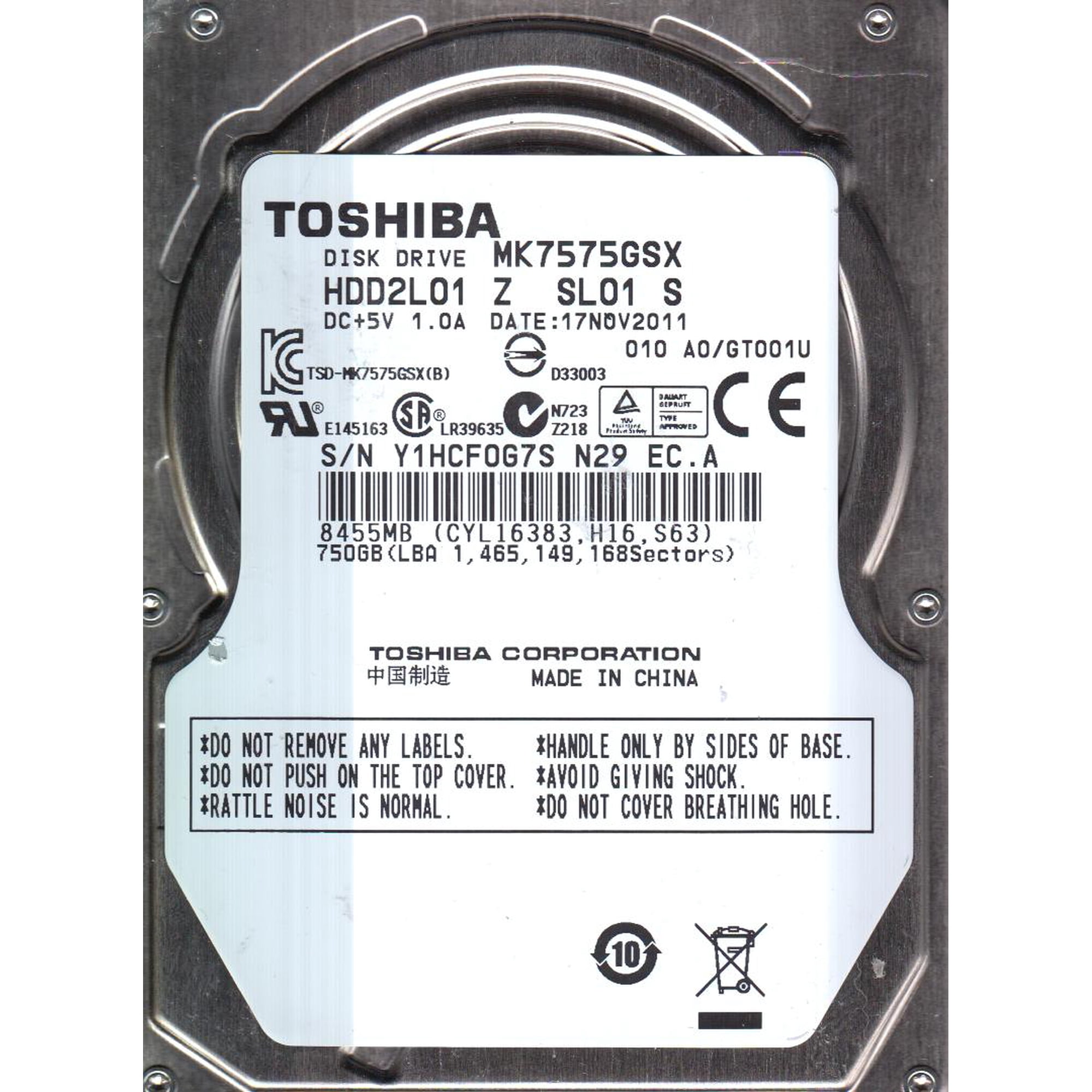MK7575GSX, A0/GT001U, HDD2L01 Z SL01 S, Toshiba 750GB SATA 2.5 Hard Drive