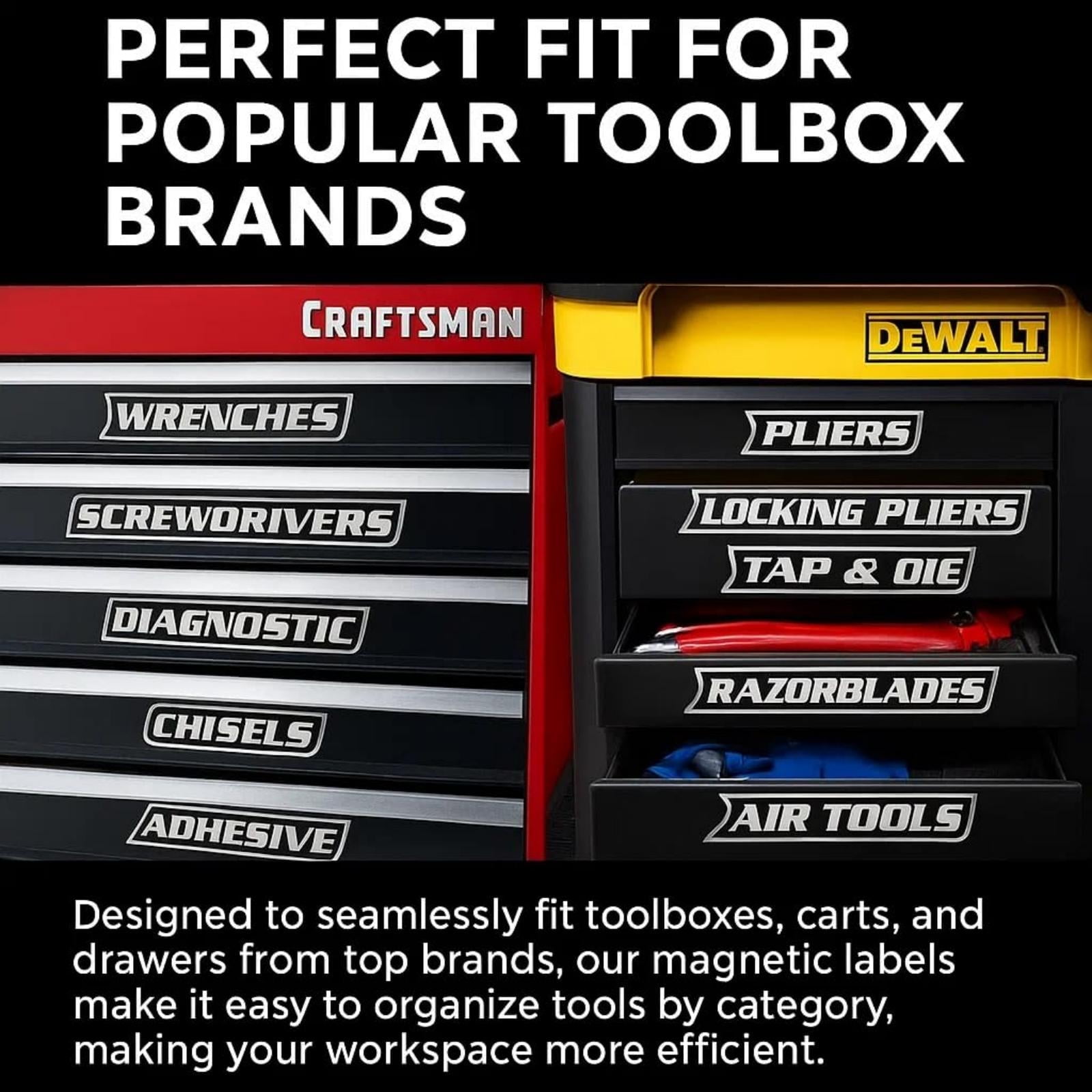 Toolbox Labels,12/24/36 Pack of Tool Box Labels, Durable 3D-Printed Metal Tool Box Drawer Tags, Reusable Tags for Steel Toolboxes, Carts, Drawers(12pcs)