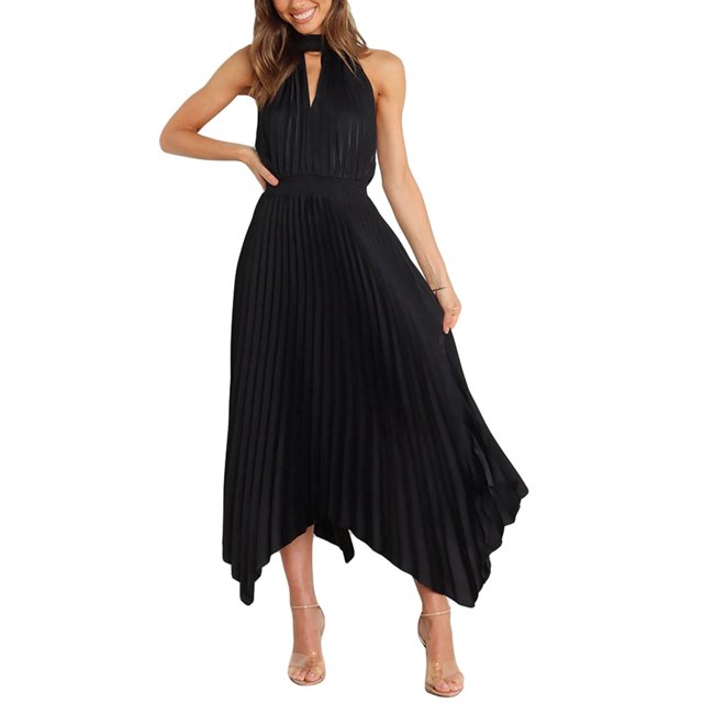 Faithtur Femmes Été Décontracté Midi Robe Unie Couleur Licou Robe Sans Manches Mode Irrégulière Ourlet Robe de Soirée