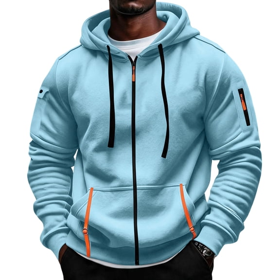 Mens Full Zip Hoodie Fleece Sweatshirt Contrast Zipper Pockets Casual Hooded Jacket