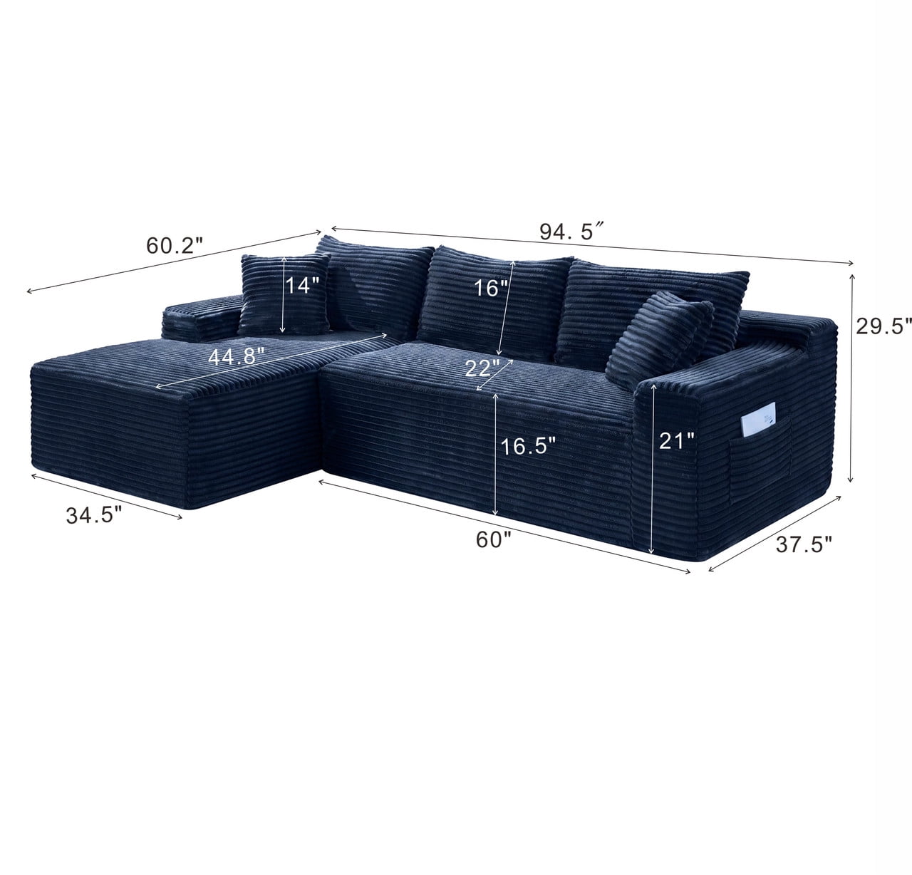 94.5" L-Shaped Modular Sectional Sofa Set with Chaise, No Assembly Required Upholstered Floor Couch, Corduroy 4-Seat Sofa