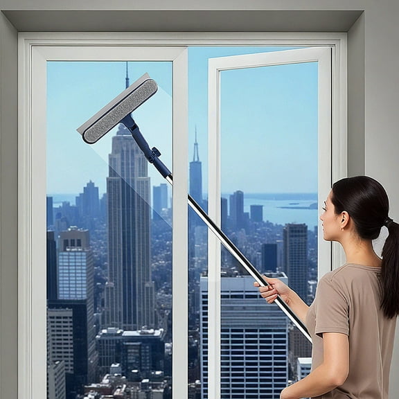 High Rise Double-Sided Window Cleaner | 47.2-Inch Extended Pole Glass Wiper | Indoor Outdoor Window Cleaning Tool | Mirror & Shower Door Scraper | Home Cleaning Accessory