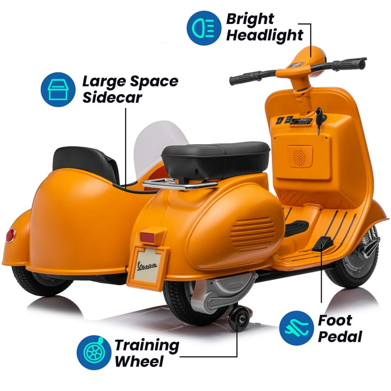 Track 7 12V Licensed Vespa Ride on Motorcycle with Side Car, 2-Seater  Electric Car for Kids Age 3+, Music, Max Speed 4.8mph, Orange