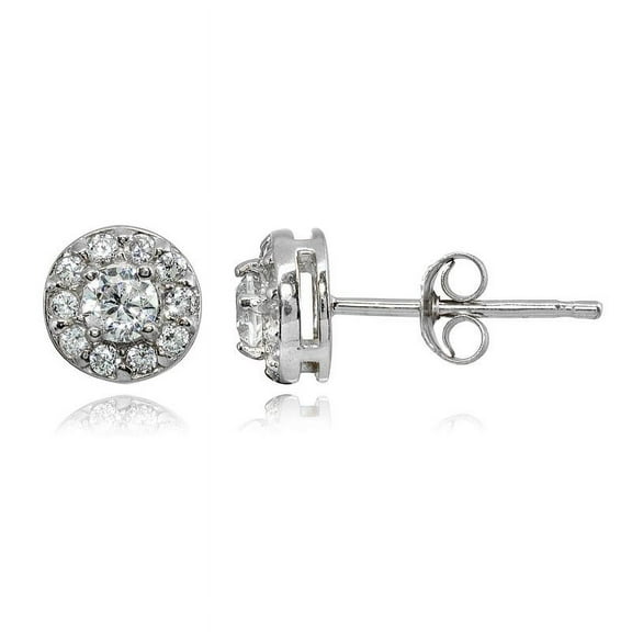 Sterling Silver CZ Round Halo Stud Earrings with Secure Post and Friction Backs