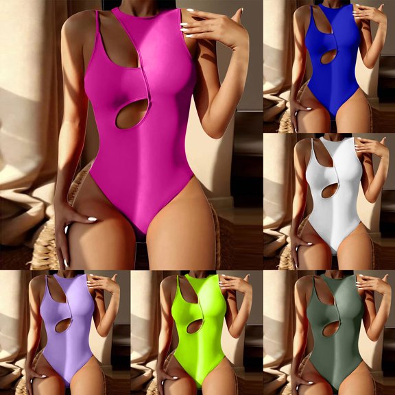 Jacenvly 2024 One Piece Swimsuits for Women Clearance New Style Sleeveless Solid Halter Neck Surfing Swimwear Quick Drying Women'S Print Bikini Filled Bra One-Piece Swimwear Beachwear Purple