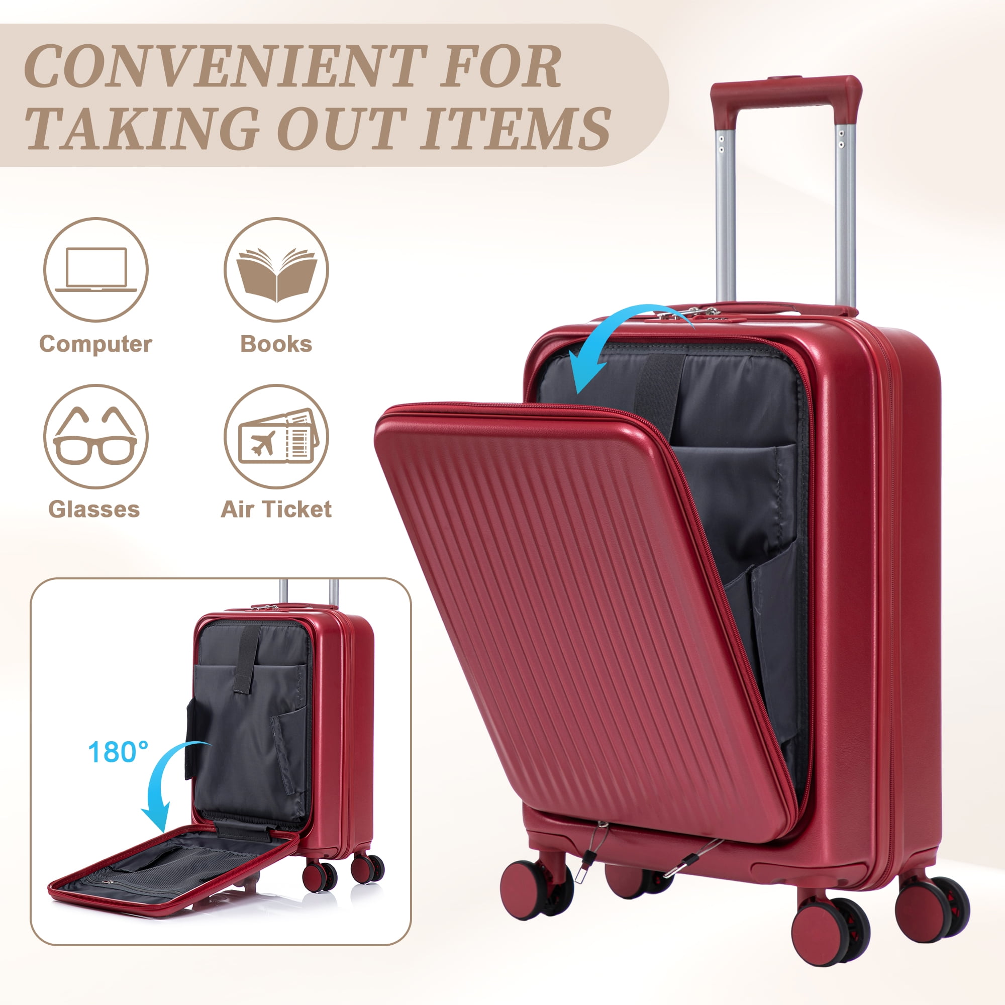 2 PCS ABS Luggage Set, 20" Suitcase + 14" Cosmetic Case, Front Opening Design, 360° Silent Spinner Wheels, Combination Lock, Waterproof Travel Luggage with Telescopic Handle