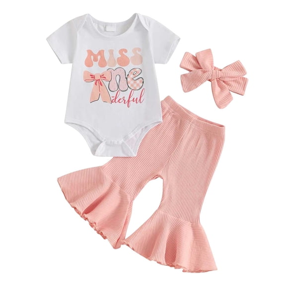 larppty Baby Girl Short Sleeve Romper T-Shirt Tops Bell Bottom Pants Set One Year Old Birthday Outfit 3Pcs Summer Clothes(White, 12-18 Months)