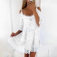 thumbnail image 4 of Vestido sexy de encaje con hombros descubiertos, vestido casual holgado y dulce de verano, camisola de manga corta, color liso, cuello redondo, minivestidos cortos 26249, 4 of 4