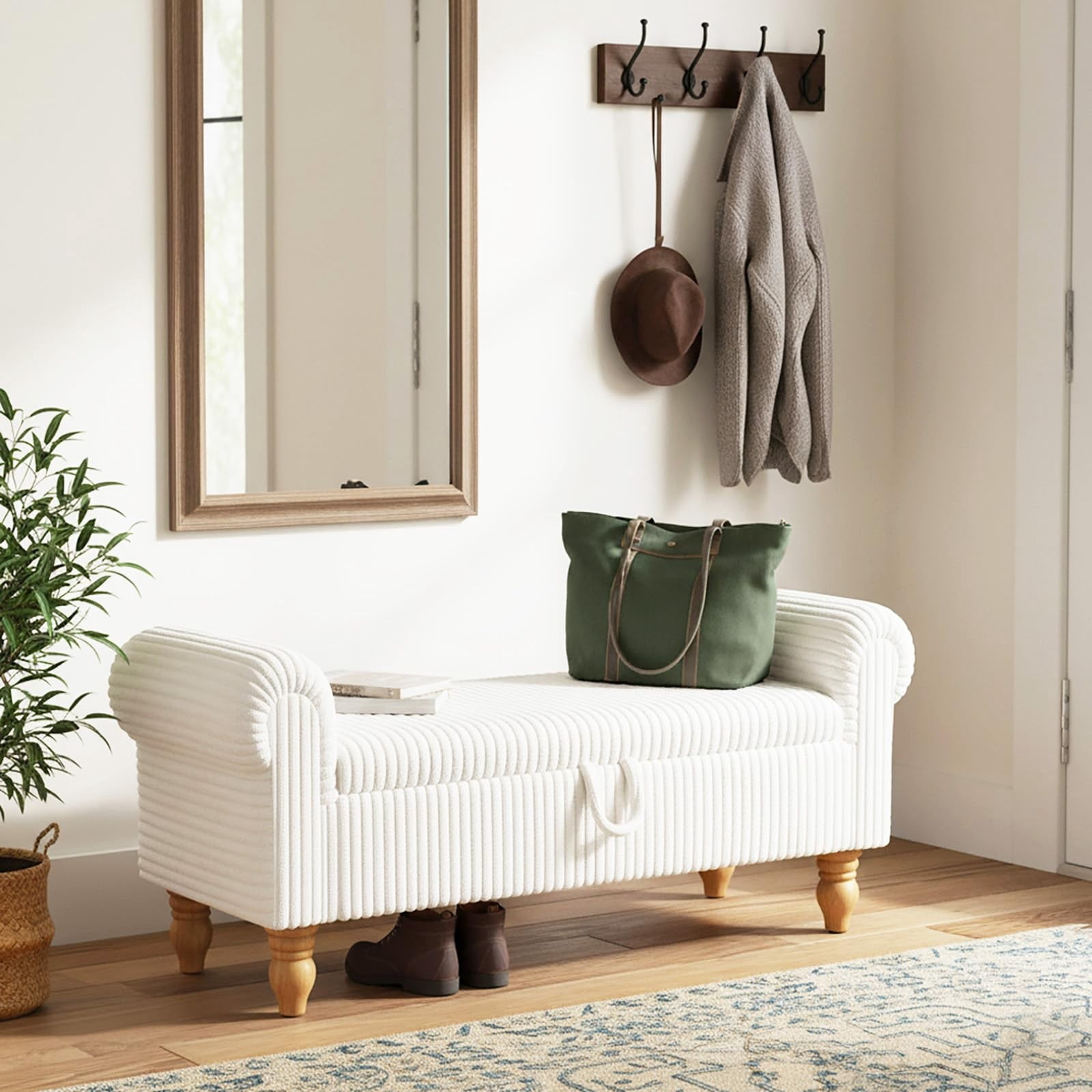 51.5" Storage Ottoman Bench, Upholstered Corduroy End of Bed Bench with Hidden Storage for Bedroom, Entryway & Living Room, White