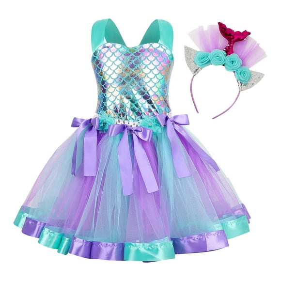 YONGHS Mermaid Dress for Girls with Hair Hoop Kids Birthday Fancy Party Princess Dress Up Lake Blue 10-12Y