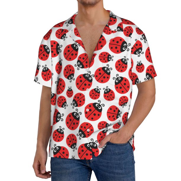 Fotbe Cartoon Ladybug Camisa Estampada de Manga Corta para Hombre, Casual de Verano, Estilo Playero, Sin Arrugas-Medium