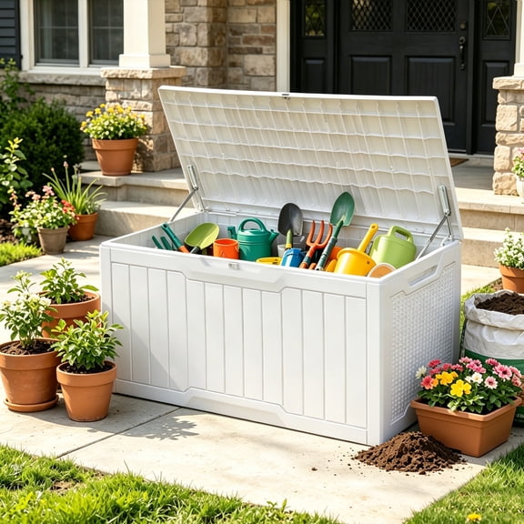 Uforic 100 Gallon Deck Box, Lockable Waterproof Resin Outdoor Storage Bin, White