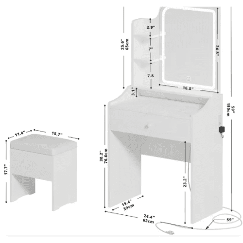 Vanity Set with Smart LED Mirror, Makeup Table with 3 Color Lighting, Storage & Charging Station – Compact Dressing Table for Bedroom, Dorm & Small Spaces, White