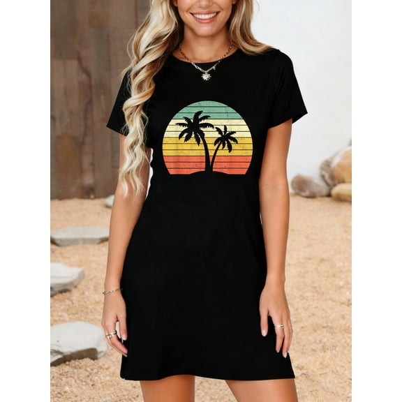 Palm Tree Retro Tropical Beach Shirt T-Shirt Dress Summer Vacation Dress Casual Resort Wear