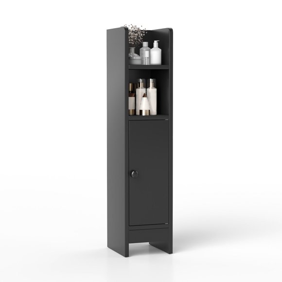 Patiojoy Bathroom Storage Cabinet Small Corner Floor Cabinet with Door and Adjustable Shelves Toilet Paper Holder Stand Black