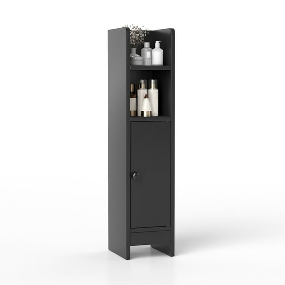Topbuy Bathroom Storage Cabinet Small Corner Floor Cabinet with Door and Adjustable Shelves Toilet Paper Holder Stand Black