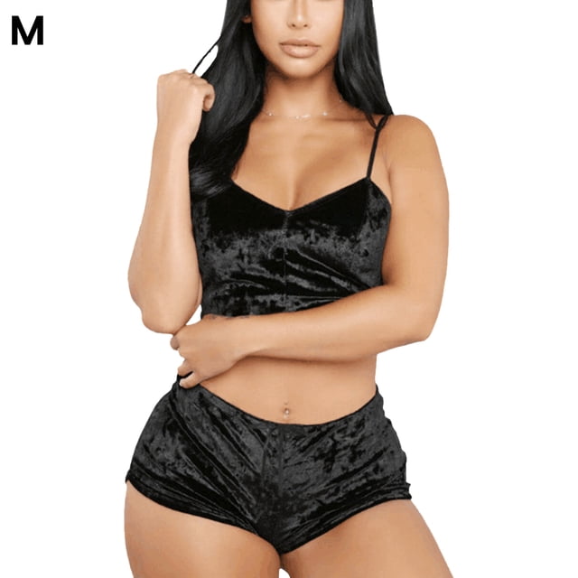 Conjunto de pantalones cortos de terciopelo sexy para mujer, ropa de dormir, ropa interior, lencería, regalo, negro, M Eigraketly XX000204-04
