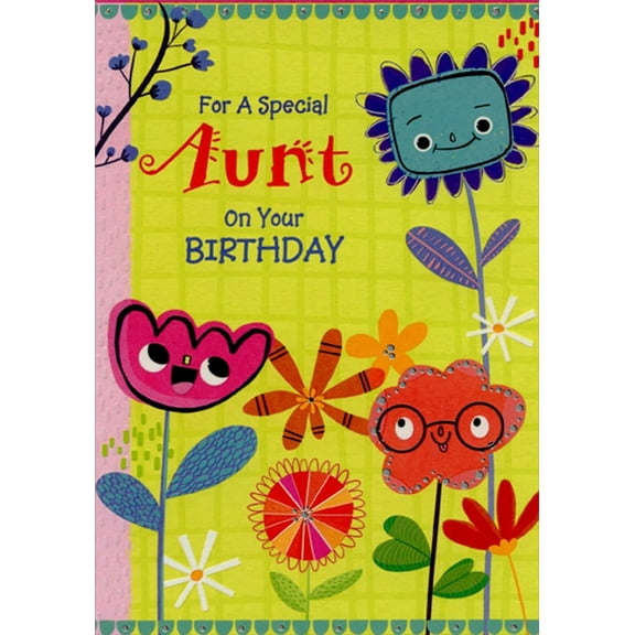 Designer Greetings Three Flowers with Cute Smiling Faces Juvenile : Kids Birthday Card for Aunt from Niece