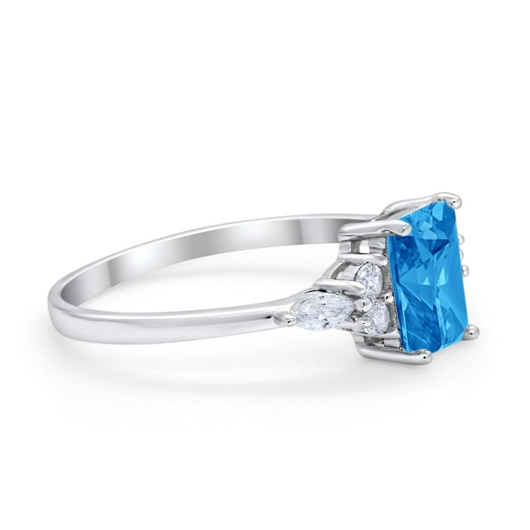 Art Deco Wedding Ring Emerald Cut Blue Topaz CZ 925 Sterling  display picture 1