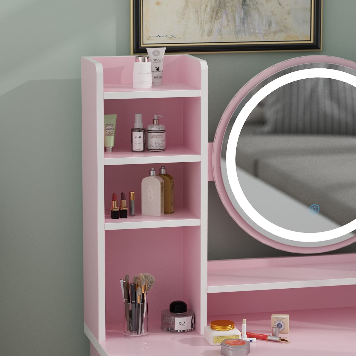 OxyLife Contemporary Vanity Set with LED Lights, Pink Table and Stool
