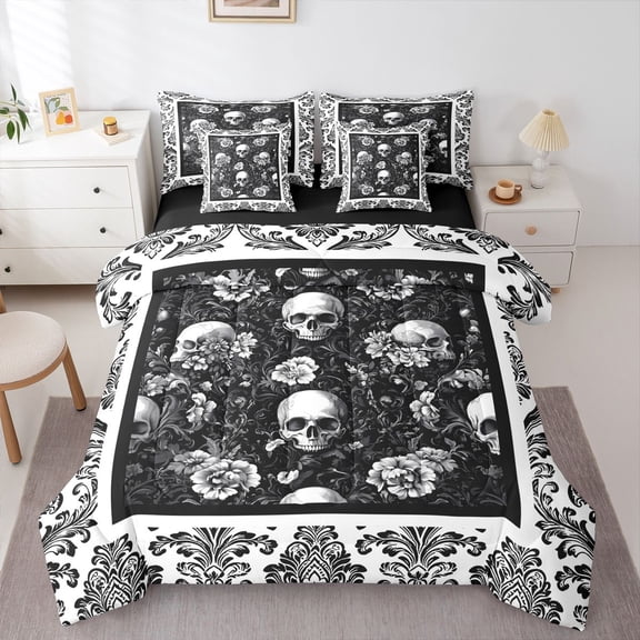 Homewish Spooky Skull Skeleton 7-Piece Twin Bedding,Hipple Damask Floral Bedding Comforter Set,Halloween Bed Set,Black Reversible