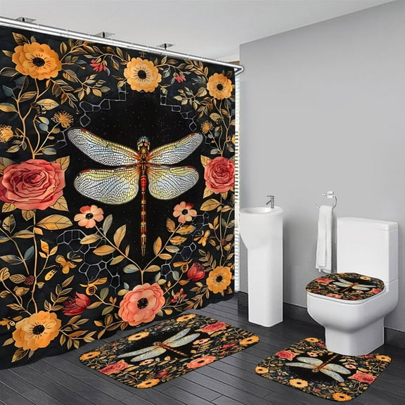 Flower Dragonfly Pattern Shower Curtain Sets with Rugs, Floral Plant Neutral Bathroom Decor Set Waterproof Bathtub with Carpet Bath Mat Toilet