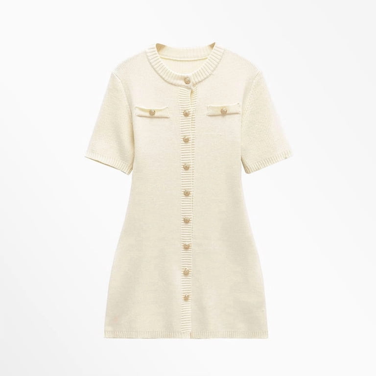 Women Casual Ribbed Knit Short Dress Short Sleeve Crewneck A Line Mini Sweater Dress with Decorative Button Beige S