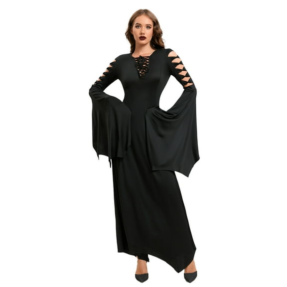 LVCBL Gothic Vintage Halloween Dress For Women Deep V Shape Collared Long Sleeved Dress S-2XL