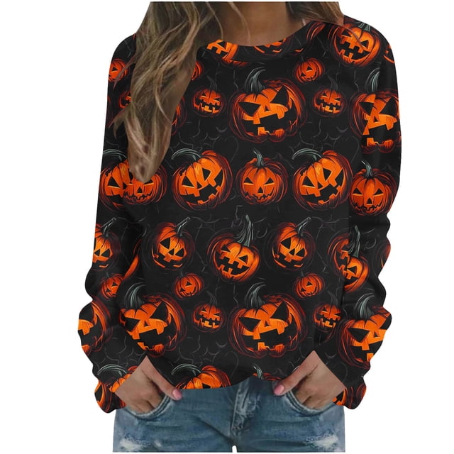 Chandail à Capuche Oversize pour Femmes Chandail Décontracté Imprimé Halloween Manches Longues Col Rond Multicolore