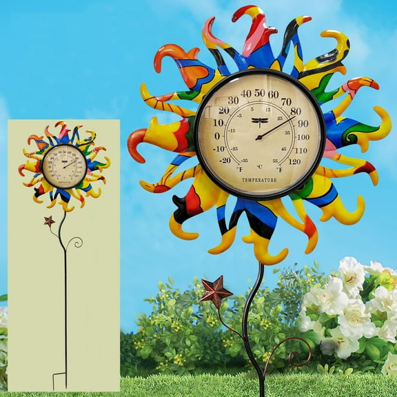 Metal sun thermometer indoor outdoor garden stake, colorful sun art decor sculpture stick for lawn yard patio decorations, no battery required