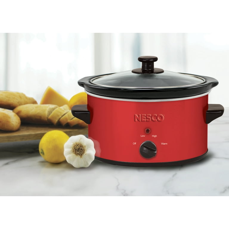 NESCO 1.5 Quart Oval Slow Cooker, Metallic Red, Glass Lid