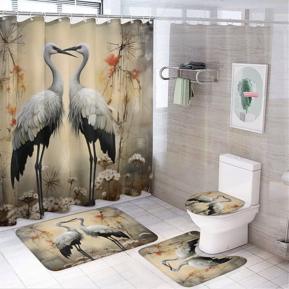 Shower Curtain Sets 4 Piece with Non-Slip Rugs Toilet Lid Cover And Bath Mat Shower Curtain Set Two Cranes Waterproof Fabric Bath Curtains Beautiful White Cranes for Bathroom Decor Sets