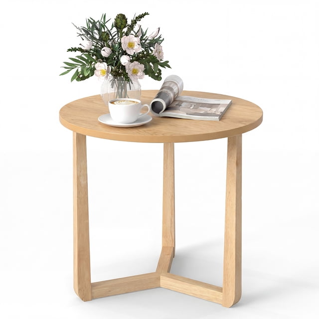 Gymax Round Side Table w/Sturdy Rubber Wood Legs & Triangular Structure for Bedroom Natural
