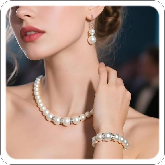 Pearl Set Jewelry for Women Faux Pearl Necklace Bracelet Earring Set Prom Accessorie Bridesmaid Costume White Pearl Rhinestone Necklace