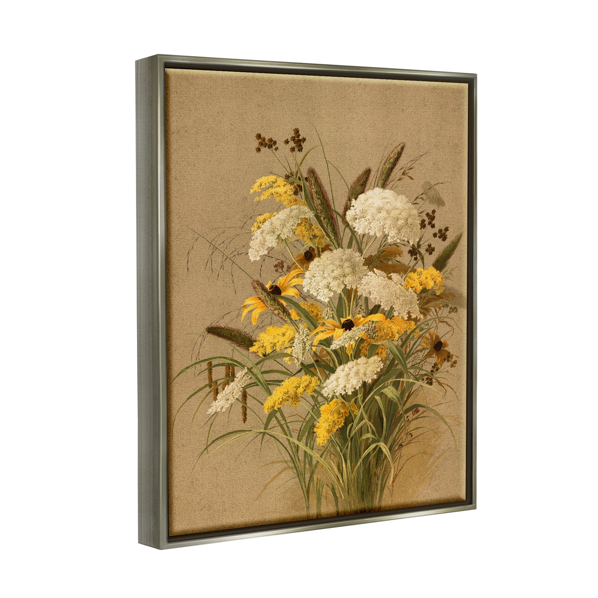 Stupell Industries Vintage Daisy Bouquet Botanical & Floral Painting Gray Floater Framed Canvas Art Print Wall Art, 25 x 31