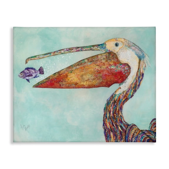 Stupell Industries Pelican's Lost Supper Fish and Patterned Feathers Animals & Insects Painting Gallery Wrapped Canvas Art Print Wall Art, 24 x 30