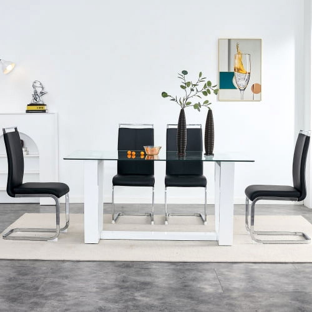 BSHTI Glass Dining Table Large Modern Minimalist Rectangular for 6-8 with 0.4" Tempered Glass Tabletop and white MDF Trapezoid Bracket,For Kitchen Dining Living Meeting Room Banquet Hall