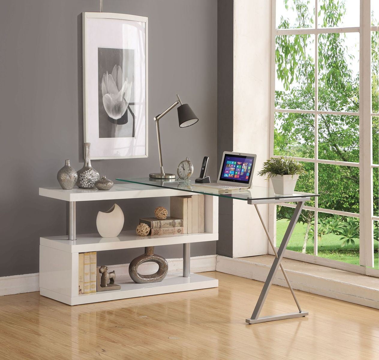 Henmomu Desk in White High Gloss & Clear Glass Desks & Workstations