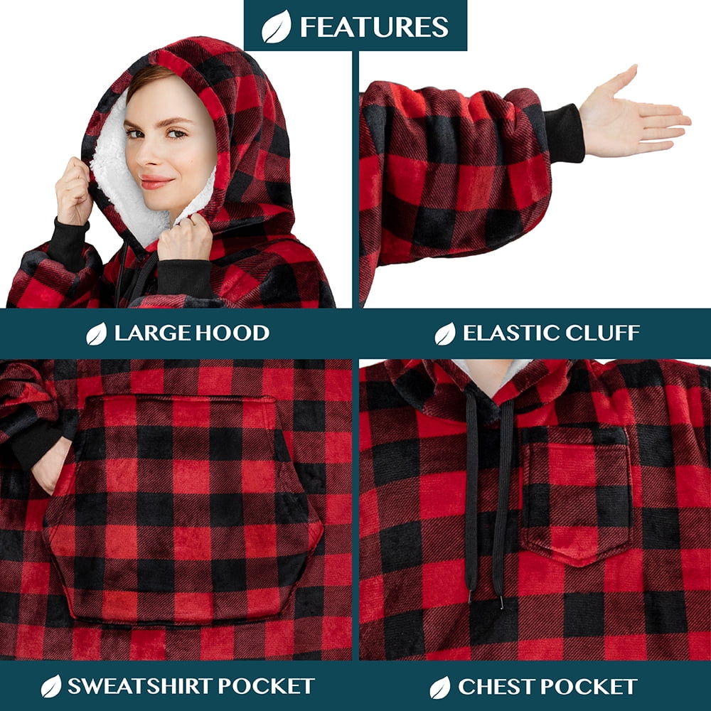 PAVILIA Blanket Hoodie for Women Red, Sherpa Wearable Blanket Men, Cozy Oversized Sweatshirt Blanket, Warm Fleece Hooded Blanket Sweater with Sleeves and Giant Pocket, Checker Red