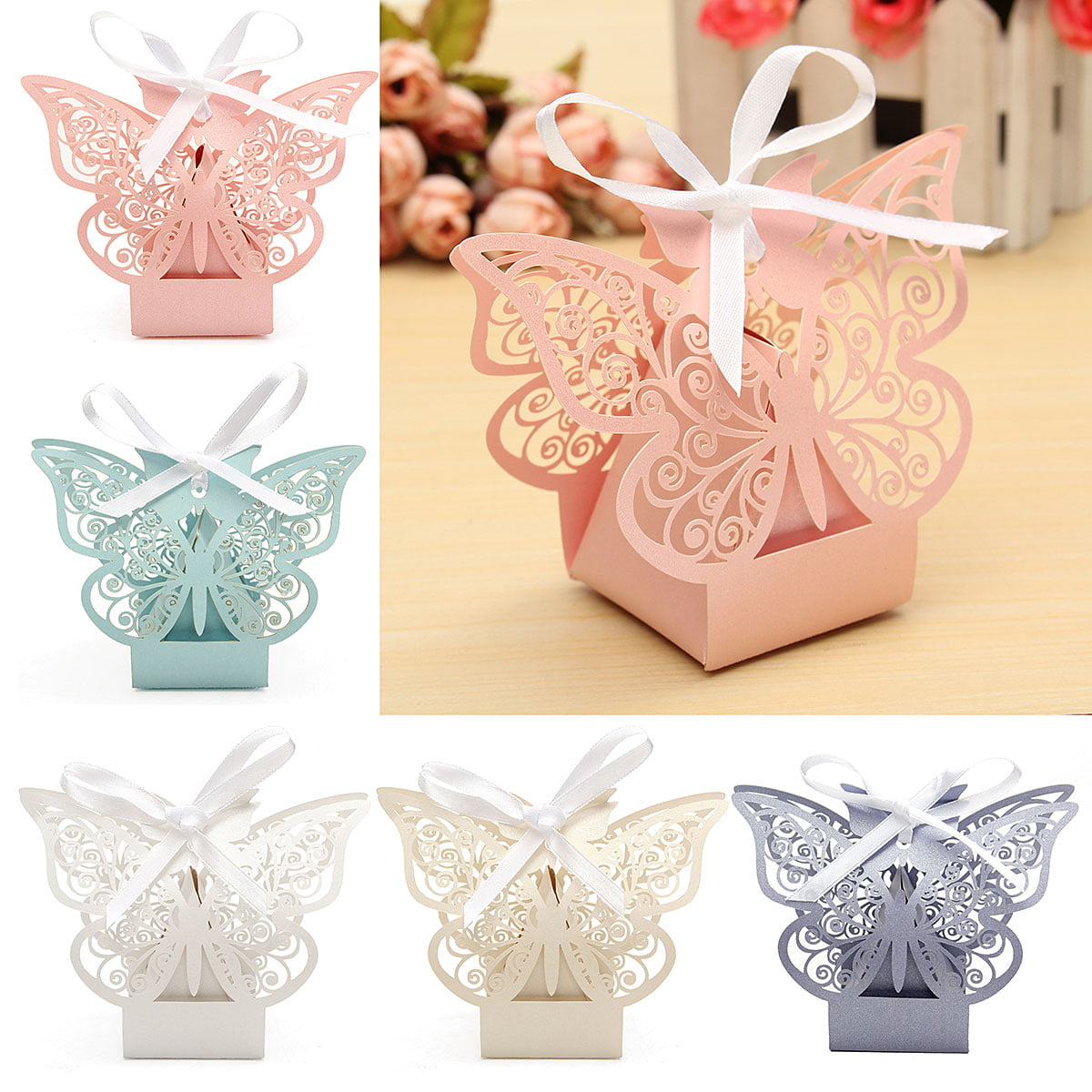 1-100Pcs Spring Flowers Butterfly Wedding Favour Boxes Party Gift Bags Ribbons