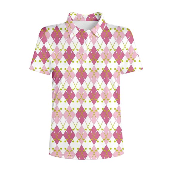 Unir Breathable Mesh Polyester Women Collared Polo Top, Pink Argyle Diamond Plaid Short Sleeve Button Blouse, Lightweight Casual Printed Shirt, 1 Piece, S-XXXL, Plus Size Friendly, True To Size