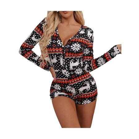 

Seyurigaoka Women Christmas Printed Pattern Pajama V-neck Long Sleeve Playsuit